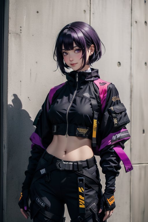 masterpiece, best quality, highres, mature woman, asian, huge breasts, long hair, dark purple hair, hime cut hair, detailed face, small smile, wide hips, urban techwear, techwear jacket, techwear pants, techwear gloves, katana 