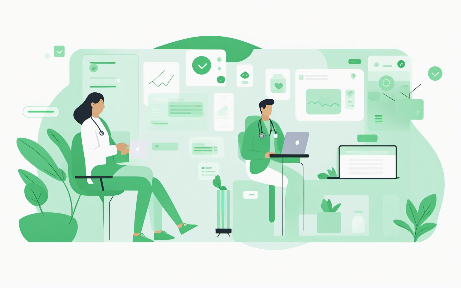 no background, ((no-line-stickers)), modern, minimalistic, dynamic green colour, virtual healthcare website UI,Flat illustration