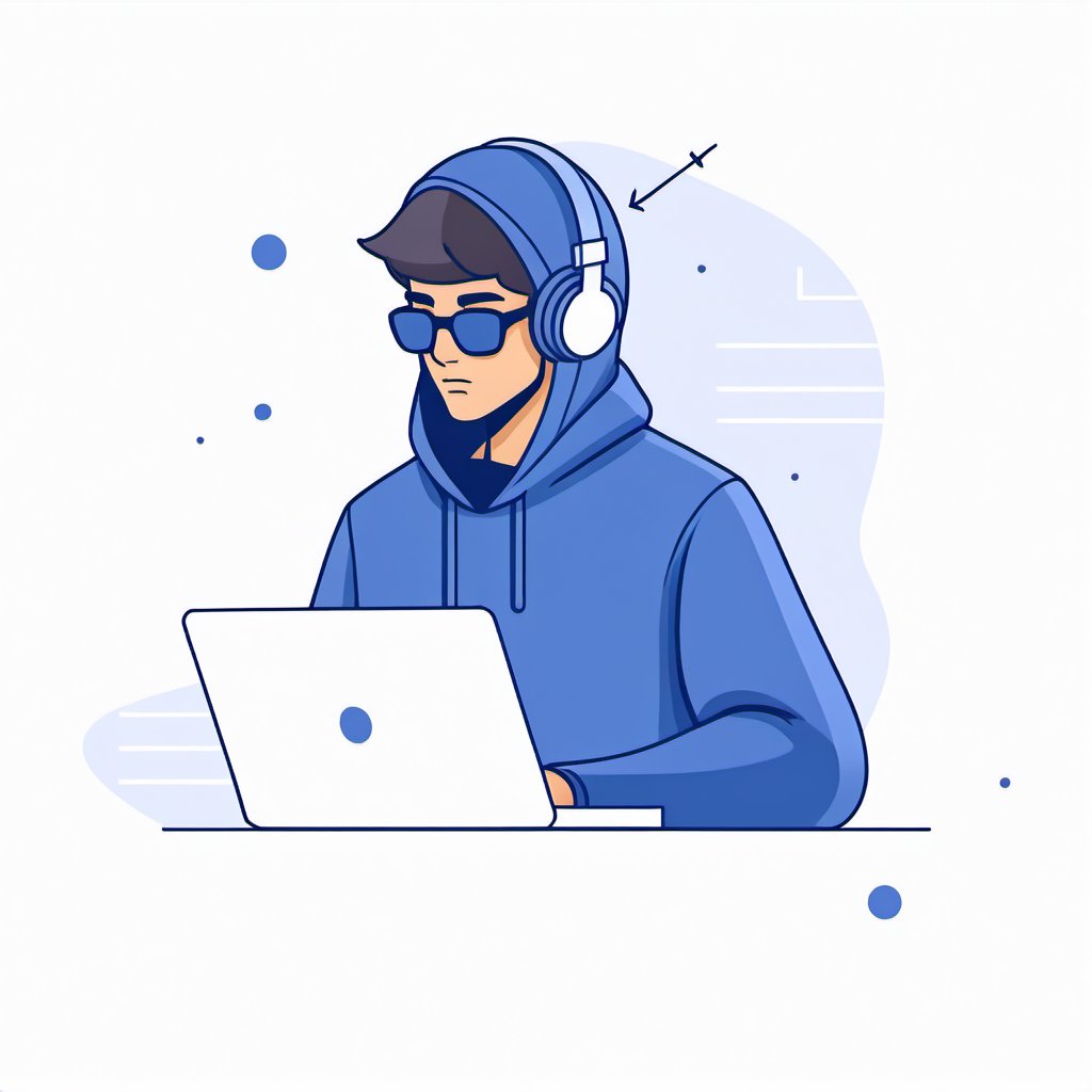 no background, ((no-line-stickers)), modern, minimalistic, dynamic nevy blue colours, profile photo avatar of a hacker ,no other elements, Flat illustration