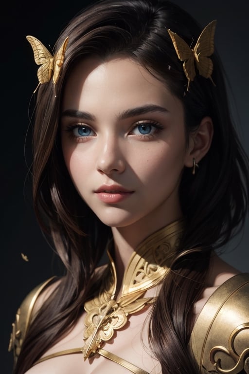 8k portrait of beautiful cyborg with brown hair, intricate, elegant, highly detailed, majestic, digital photography, art by artgerm and ruan jia and greg rutkowski surreal painting gold butterfly filigree, broken glass, (masterpiece, sidelighting, finely detailed beautiful eyes: 1.2), hdr, (detailed background window to a new dimension, plants and flowers:0.7)  infinity, infinite symbol,,b3rli