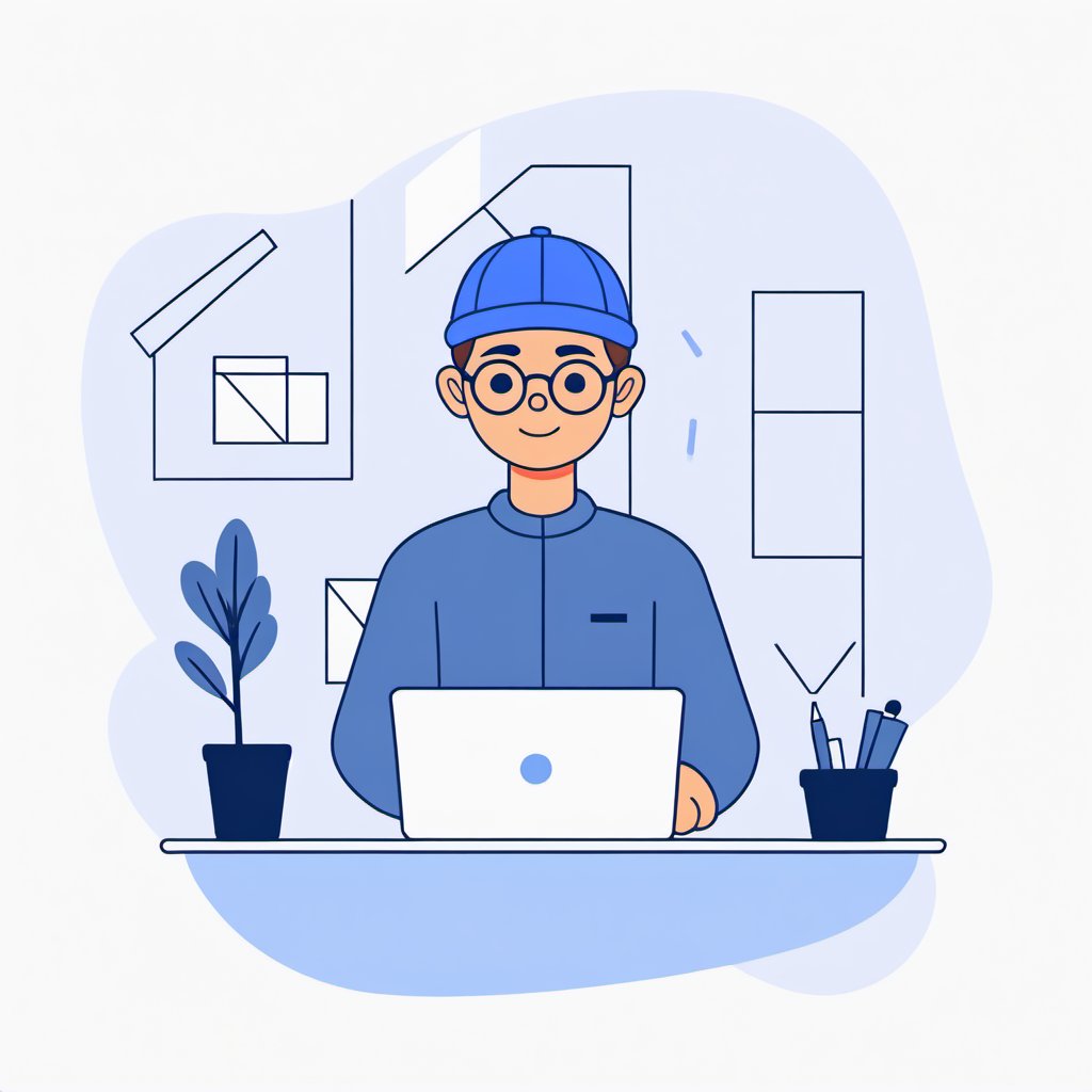 no background, ((no-line-stickers)), modern, minimalistic, dynamic nevy blue colours, profile photo avatar of a boy with a cap and wearing glasses working in his laptop,no other elements, Flat illustration