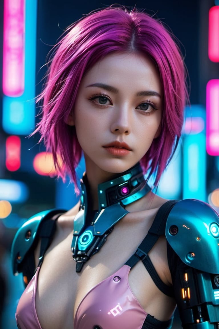 Android rebel woman, matte steel skin, layered indigo hair with nanobot infused tips. Eyes, shifting teal screens displaying revolutionary codes. Lips, photon pink, calling for synthetic sentience rights. xxmix_girl, detailed eyes,cyberpunk style, cyberpunk