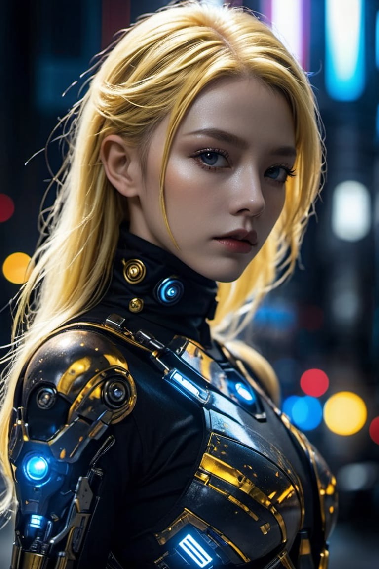 Cyberninja woman, midnight matte skin, ultra-thin golden hair strands acting as conductive wires. Eyes, diamond white with laser precision, stalking prey from the shadows. Lips, frosted graphite, silent and deadly. detailed eyes,cyberpunk style, cyberpunk