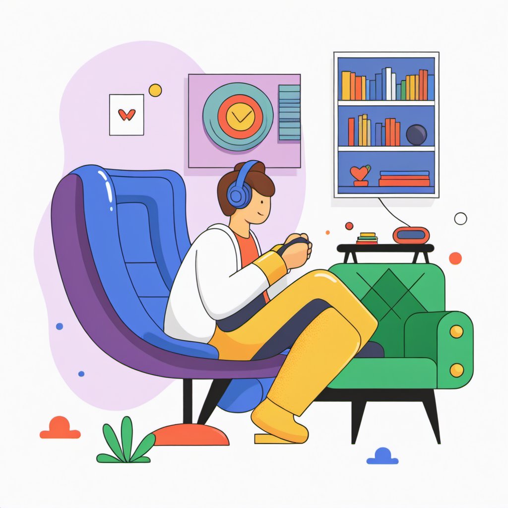 no background, ((no-line-stickers)), modern, minimalistic, dynamic  colours, a gammer playing video games, Flat illustration