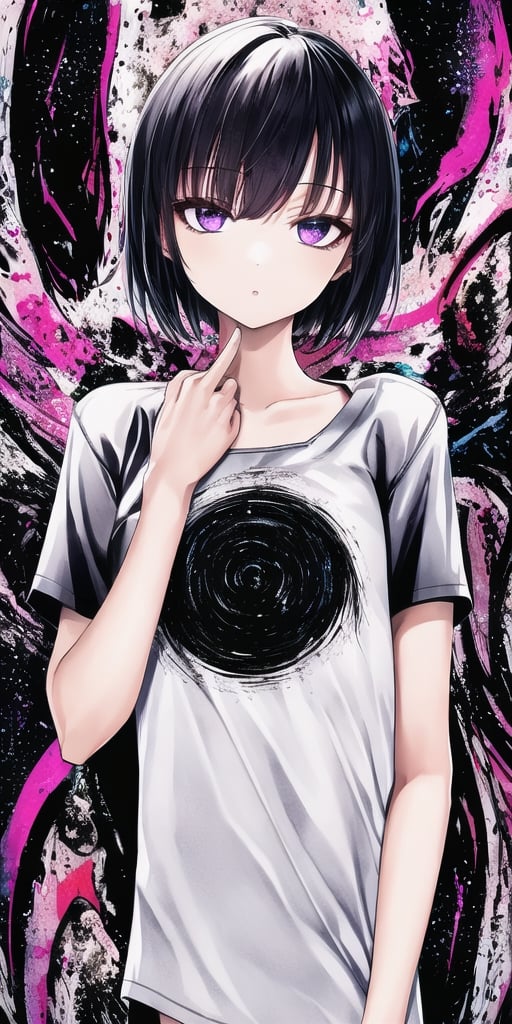 masterpiece, best quality, 1girl, upper body, shirt, black hair, purple eyes, abstract