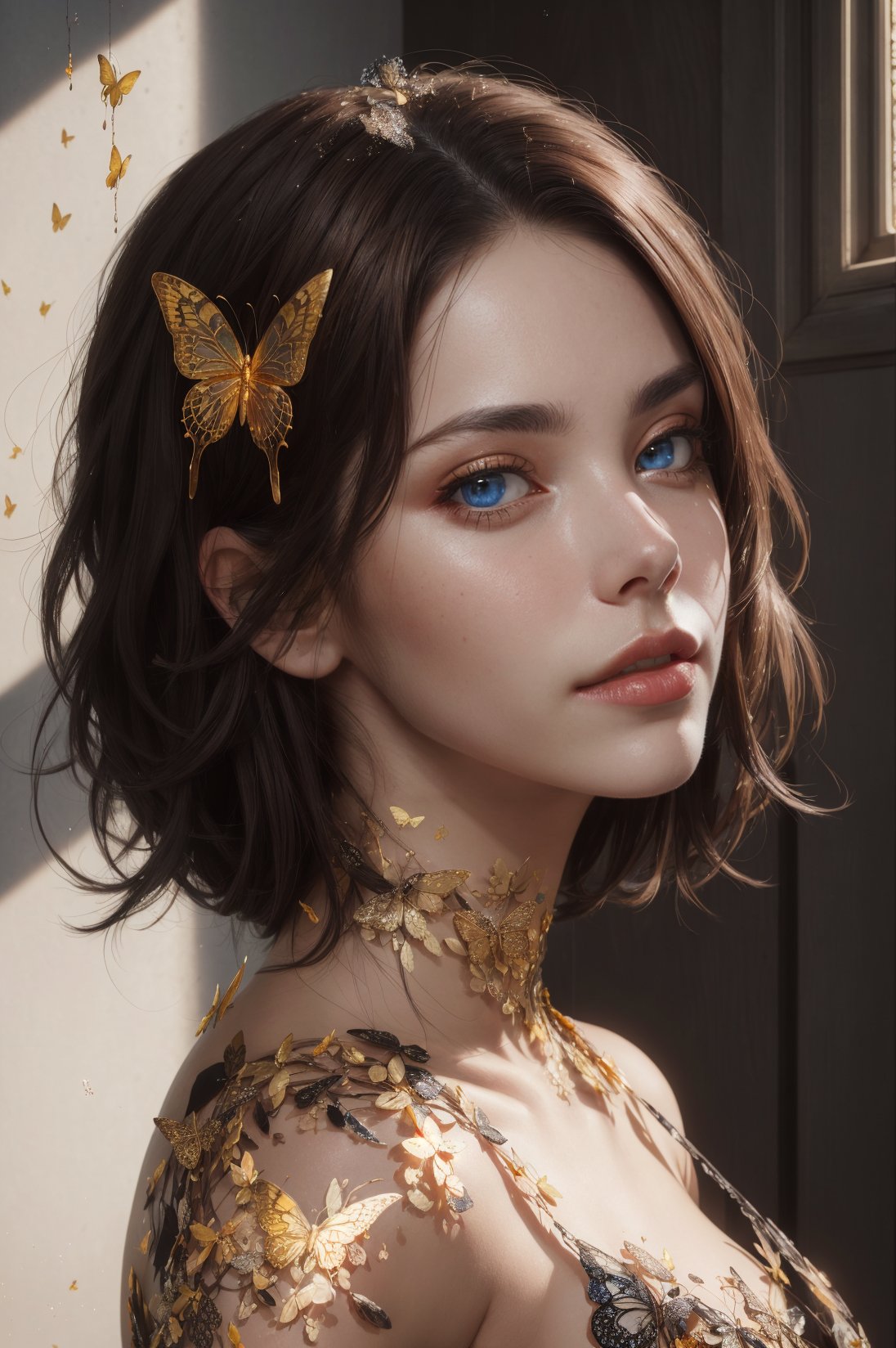 8k portrait of beautiful cyborg with brown hair, intricate, elegant, highly detailed, majestic, digital photography, art by artgerm and ruan jia and greg rutkowski surreal painting gold butterfly filigree, broken glass, (masterpiece, sidelighting, finely detailed beautiful eyes: 1.2), hdr, (detailed background window to a new dimension, plants and flowers:0.7), seductive looking 