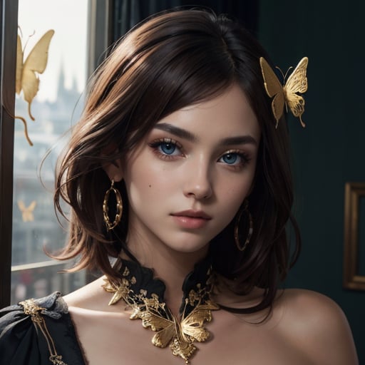 8k portrait of beautiful cyborg with brown hair, intricate, elegant, highly detailed, majestic, digital photography, art by artgerm and ruan jia and greg rutkowski surreal painting gold butterfly filigree, broken glass, (masterpiece, sidelighting, finely detailed beautiful eyes: 1.2), hdr, (detailed background window to a new dimension, plants and flowers:0.7)  infinity, infinite symbol,,b3rli