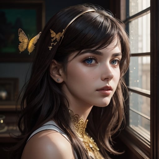 8k portrait of beautiful Shirley setia as cyborg with brown hair, intricate, elegant, highly detailed, majestic, digital photography, art by artgerm and ruan jia and greg rutkowski surreal painting gold butterfly filigree, broken glass, (masterpiece, sidelighting, finely detailed beautiful eyes: 1.2), hdr, (detailed background window to a new dimension, plants and flowers:0.7) ,b3rli