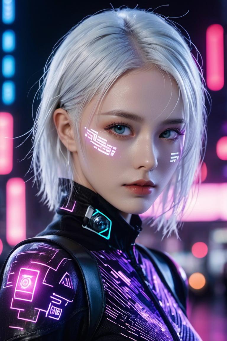 Rogue hacker woman, holographic skin patches, asymmetrical white hair with binary code strands. Eyes, iridescent violet, decoding complex algorithms. Lips, metallic rose, voicing encrypted secrets. xxmix_girl, detailed eyes,cyberpunk style, cyberpunk