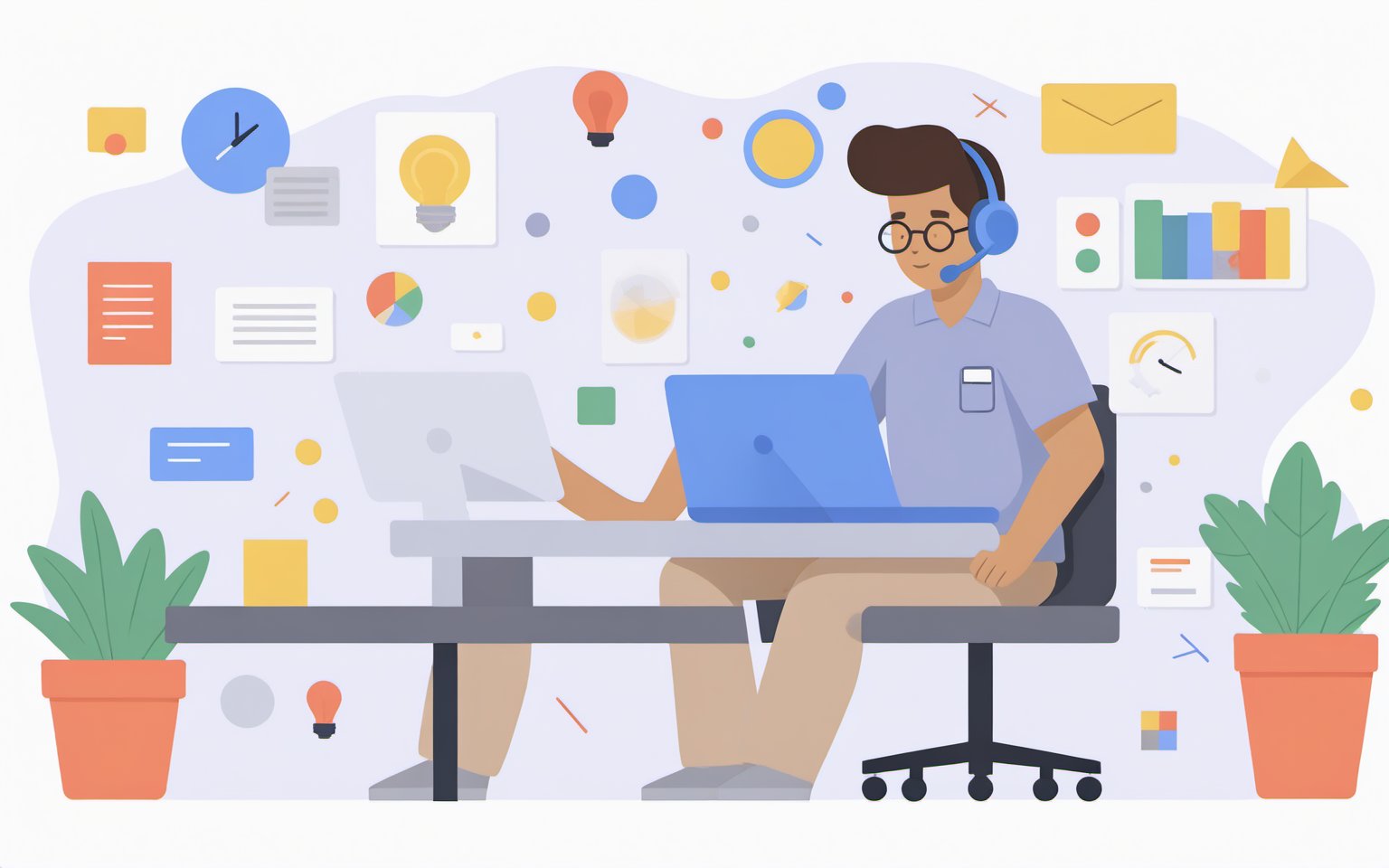 no background, ((no-line-stickers)), modern, minimalistic, dynamic  colours, software engineer working hard, Flat illustration