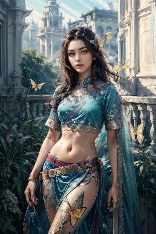 8k portrait of beautiful cyborg with brown hair, intricate, elegant, highly detailed, majestic, digital photography, art by artgerm and ruan jia and greg rutkowski surreal painting gold butterfly filigree, broken glass, (masterpiece, sidelighting, finely detailed beautiful eyes: 1.2), hdr, (detailed background window to a new dimension, plants and flowers:0.7)  ,no_humans,Indian, transparent Saree,night,scenery