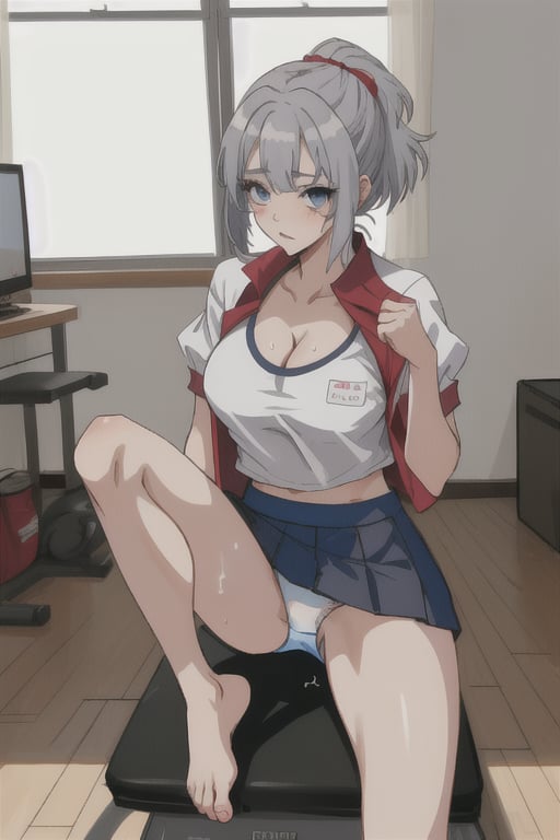 blue_eyes, grey_hair, short_hair,mariamizuseexp, big_breasts, hairpin, cleavage, long_pony_tail, milf, mommy, adult,RedHoodWaifu, office_room, haruno sakura, bare_foot, sweating, red_shirt, short_skirt, white_panties, gym_clothes, exercising, exercise, leg_spread, leg, leg_exercise