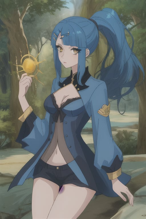 golden_eyes, blue_hair, hair_pin, lingeries, medium_breasts, mariamizuseexp, long_ponytail, cleavage_outout, thigh