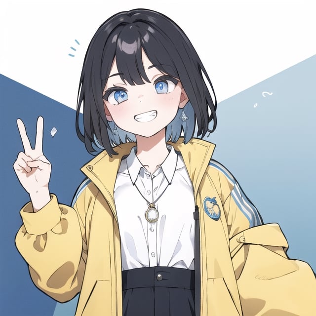 center, center opening, 1girl, 8k, high_resolution, black hair, blue eyes, blue collared shirt, yellow jacket, amelia watson, diamond necklace, peace, grin