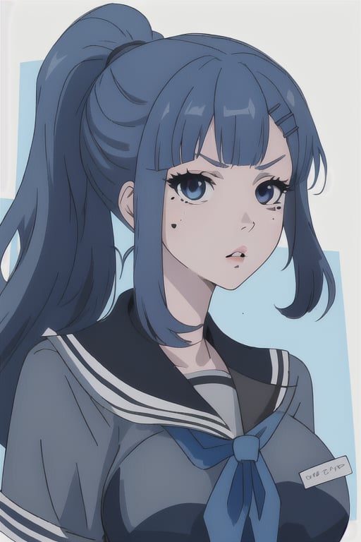 hazel_eyes,hair_pin,blue_hair,big_boobs,mariamizuseexp,long_hair,ponytail,solo_girl,mole_under_lips,school_uniform,>:(