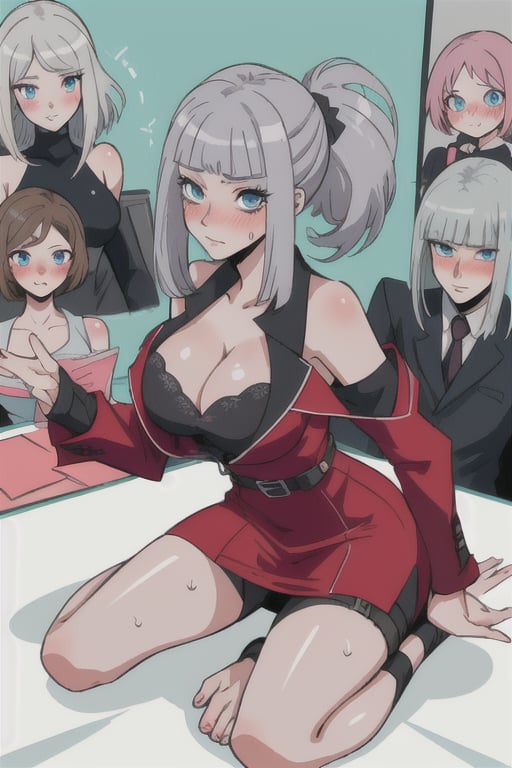 blue_eyes, grey_hair, short_hair,mariamizuseexp, big_breasts, hairpin, cleavage, long_pony_tail, bare_shoulders, milf, mommy, adult,RedHoodWaifu, red_suit, mini_dress, office_room, haruno sakura, office_suit, rose, bare_foot, blushing, sweating, office_lady, lady_office, tie, panty_and_stocking_with_garterbelt