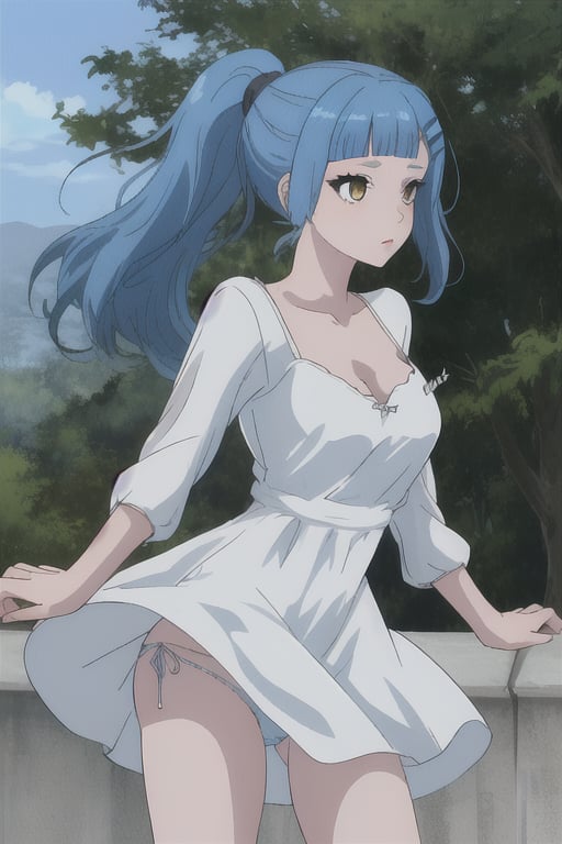 golden_eyes, blue_hair, hair_pin, casual_white_dress, medium_breasts, short_dress, mariamizuseexp, long_ponytail, panties