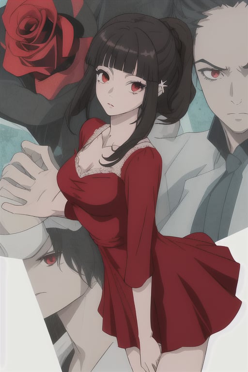 red_eyes, black_hair, rose_hair_pin, casual_red_dress, medium_breasts, short_dress,mariamizuseexp