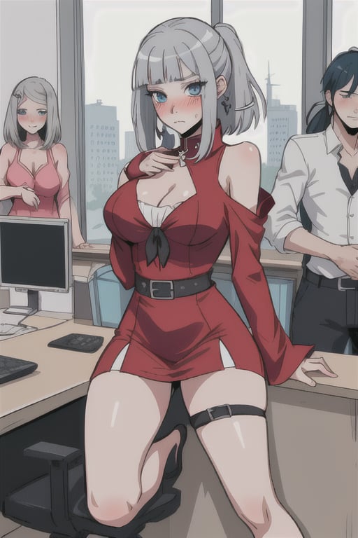 blue_eyes, grey_hair, short_hair,mariamizuseexp, big_breasts, hairpin, cleavage, long_pony_tail, bare_shoulders, milf, mommy, adult,RedHoodWaifu, red_suit, mini_dress, office_room, haruno sakura, office_suit, rose, bare_foot, blushing, sweating, office_lady, lady_office, tie, panty_and_stocking_with_garterbelt