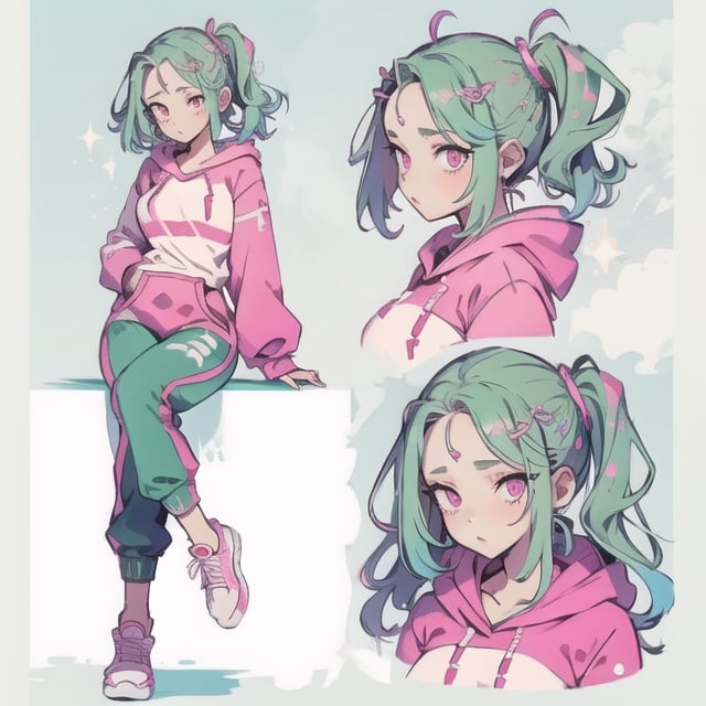 green hair, pink eyes, forehead exposed, center, center opening, big boobs, Hoodie, jogger pant, posing, hairpins, side ponytail, leg spreaded, leg open, sit, sitting, leg spread