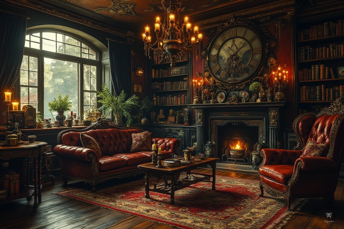 victorian living room, steampunk, ornate, detailed, hyperrealistic, 8k, high quality, award-winning photography, warm, natural light from a large window, candles, leather armchair, ornate coffee table, grandfather clock, bookshelf filled with antique books, brass chandeliers, intricate wallpaper, vintage rugs, steam-powered devices, gears, cogs, cozy, inviting, mysterious, magical, Midjourneyart 