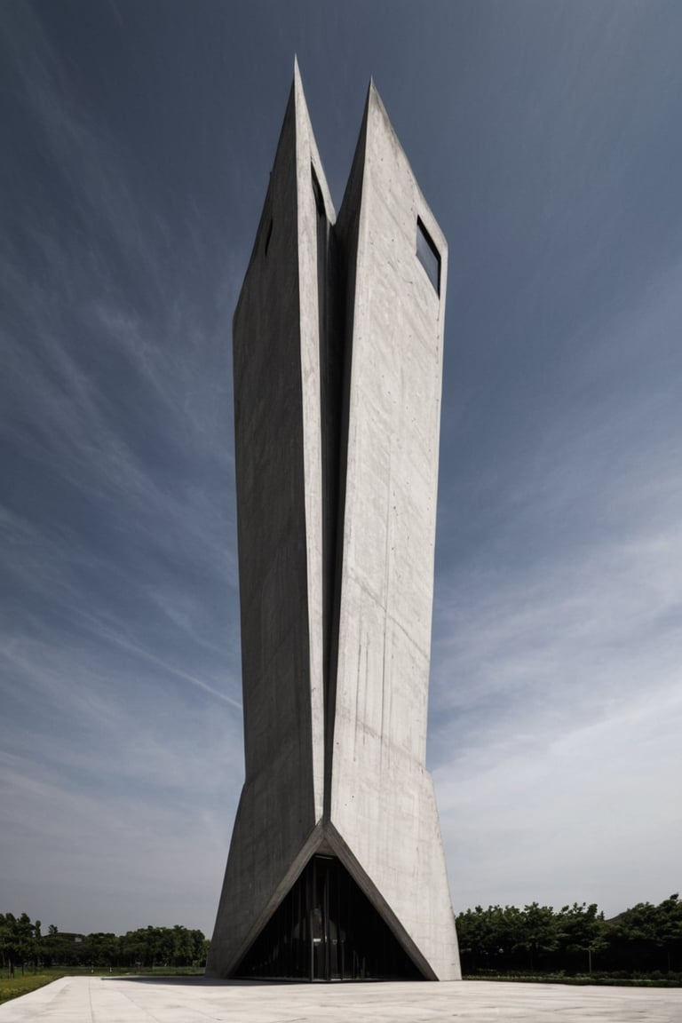 (majestic, monumental, imposing:1.2), Jaroslavič skyscraper, Serbian architecture, brutalist design, (raw concrete facade:1.1), angular shapes, (striking vertical lines:1.2), (minimalist aesthetic:1.1), (harsh, unapologetic:1.2) geometry, (towering height:1.1), (sharp corners and edges:1.2), (large windows:1.1) with (minimalistic steel frames:1.2), (sleek, dark metal accents:1.1), (unique asymmetrical composition:1.2), (strong visual impact:1.1), (prominent entrance:1.2) with (bold, angular canopy:1.1), (open plaza:1.2) at the base, (clean, uncluttered surroundings:1.1), (dramatic lighting:1.2) casting (deep shadows:1.1), (overcast sky:1.2) adding (moody atmosphere:1.1), (subtle texture:1.2) on the concrete surface, (minimal vegetation:1.1) around the building, (sense of scale:1.2) with (tiny human figures:1.1), (distinctive Serbian architectural features:1.2), (urban landscape:1.1) in the background
