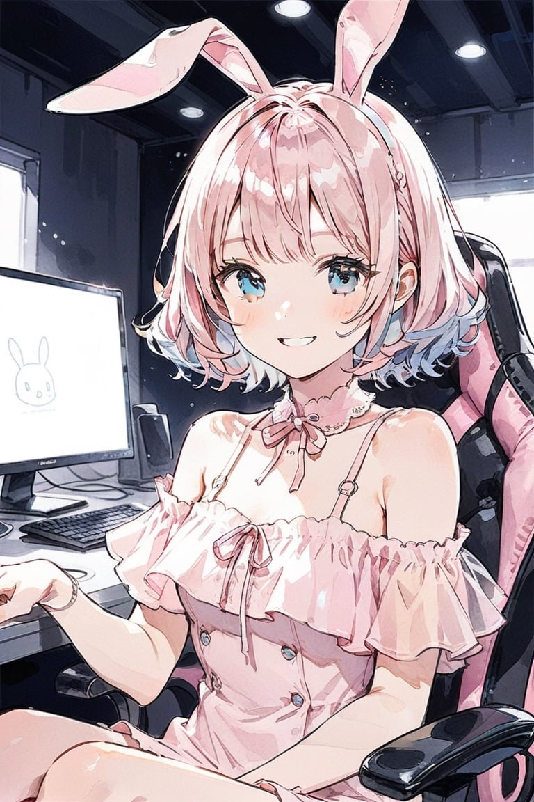 masterpiece, best quality, aesthetic, 1girl, solo, short pink hair, blue eyes, sitting on gaming chair, in front gaming desktop, indoors, off shoulder mini dress in pink, bunny ears, upper body, smile face