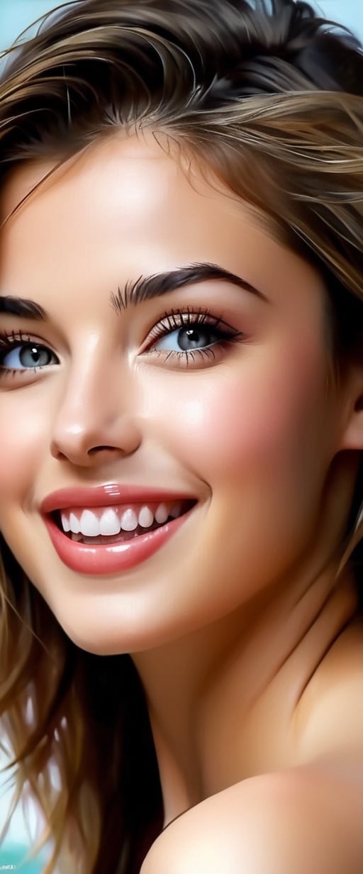 he most perfect woman in entire cration, in the background, Test, highly realistic, ruddy skin, beautiful, full lips, a minuscule amount of clothing, smiling, feeling of lightness and joy, hyperrealism, skin very elaborated, direct gaze,  by alex1shved