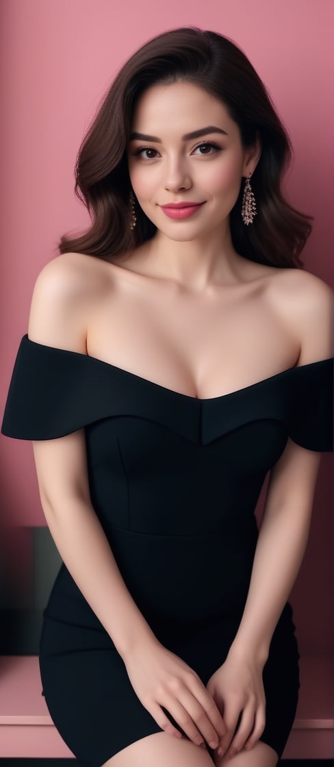 instagram photo, (((half body))), portrait photo of 33 y.o ale wearing a black off shoulder dress , (cleavage:1.2), pale skin, (smile:0.4), cozy, natural skin, soft lighting, (cinematic, film grain:1.1),, long hair, One Length Midi or Mid Length waves Hairstyle, rosy cheeks, ((Dangle Earrings)), ((medium breast)), (thin pink lips), (((black screen background))) ,<lora:659095807385103906:1.0>