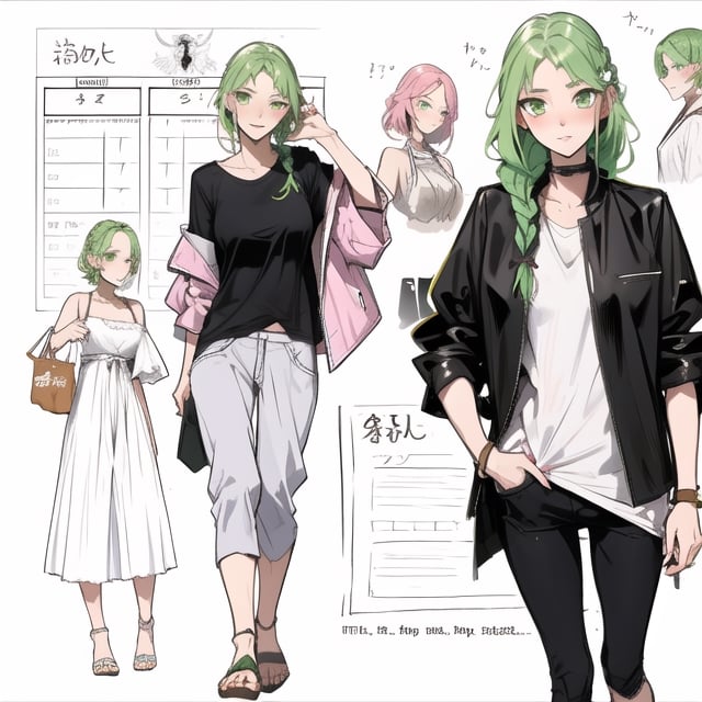  green hair, braided hair, Character sheet:1, center, center opening, posing, casual clothes