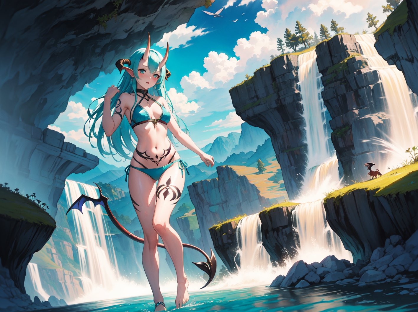 best_quality,highres,extremely_detailed, 1girl,beautiful_face,navel,light_aqua_hair,very_long_hair,full_body, ,obscenity_tattoo,windmage,aqua_tattoo,green_tattoo,waist_tattoo,neck_tattoo, village_succubus,wings,horns,tail, BREAK official_art,watercolor_\(medium\),fantasy, flying,waterfal,canyon,valley,magical_girl,GGAS_Box,,