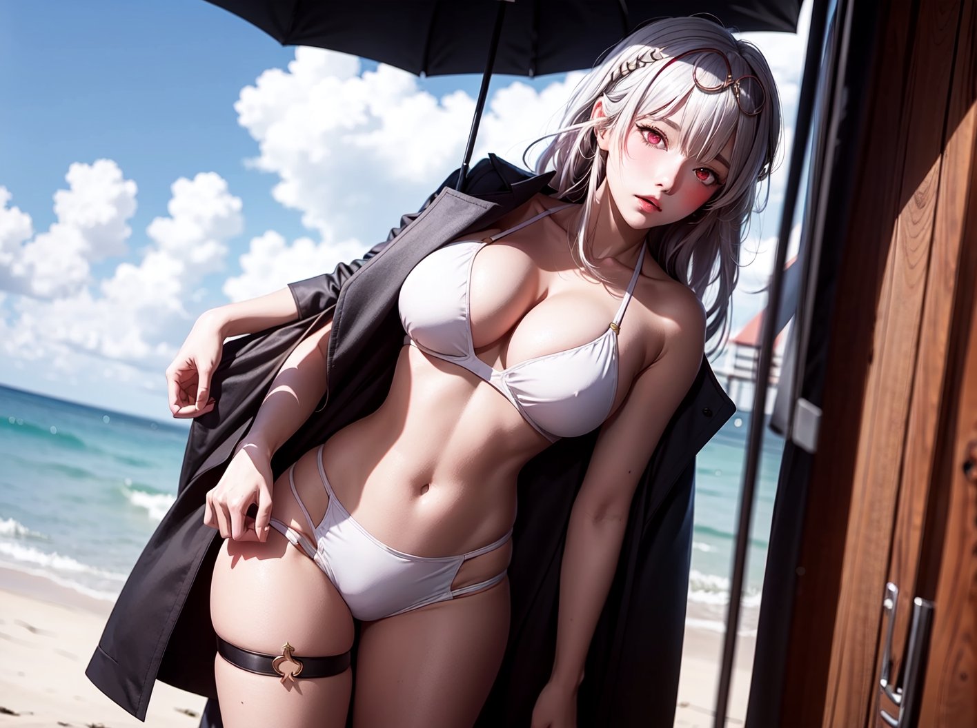 1girl,solo,cross-laced bikini, white bikini,blush, hand on hip,bare arms, bare legs, huge breasts, maid headdress, white hair,long hair,red eyes,collarbone, standing,cowboy shot, strapless, underboob,seaside,blue sky, 