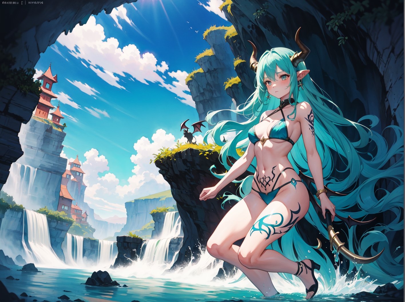best_quality,highres,extremely_detailed, 1girl,beautiful_face,navel,light_aqua_hair,very_long_hair,full_body, ,obscenity_tattoo,windmage,aqua_tattoo,green_tattoo,waist_tattoo,neck_tattoo, village_succubus,wings,horns,tail, BREAK official_art,watercolor_\(medium\),fantasy, flying,waterfal,canyon,valley,magical_girl,GGAS_Box,,