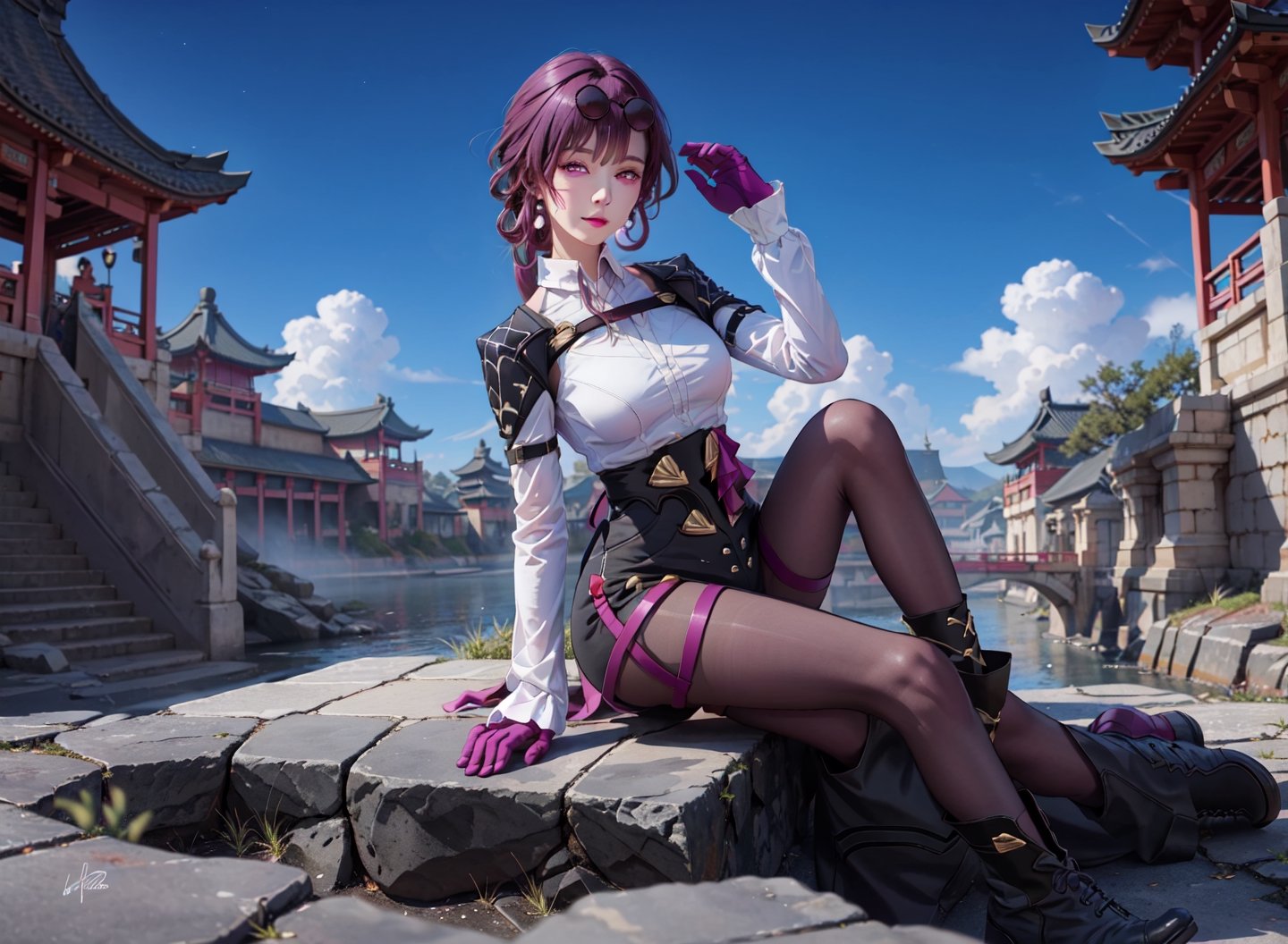 kafuka, 1girl, solo, gloves, pantyhose, purple hair, sunglasses, eyewear on head, large breasts, white shirt, black short, black footwear, boots, bangs, long sleeves, purple eyes, jacket,,fancy,sitting, masterpiece,Ancient Chinese beauty sitting on stone,wearing ancient Chinese clothing,flowing tulle,light silk,lazy pose,large lotus leaves,lotus flowers,ink painting style,clean colors,decisive cutting,white space,freehand,masterpiece,super detailed,epic composition,high quality,highest,quality,2.5D,1girl,Imminentpenetration,ingliu,official,lowres, bad anatomy, bad hands, text, error, missing fingers, extra digit, fewer digits, cropped, worst quality, low quality, normal quality, jpeg artifacts, signature, watermark, username, blurry, artist name,purple eyes,SHIRT