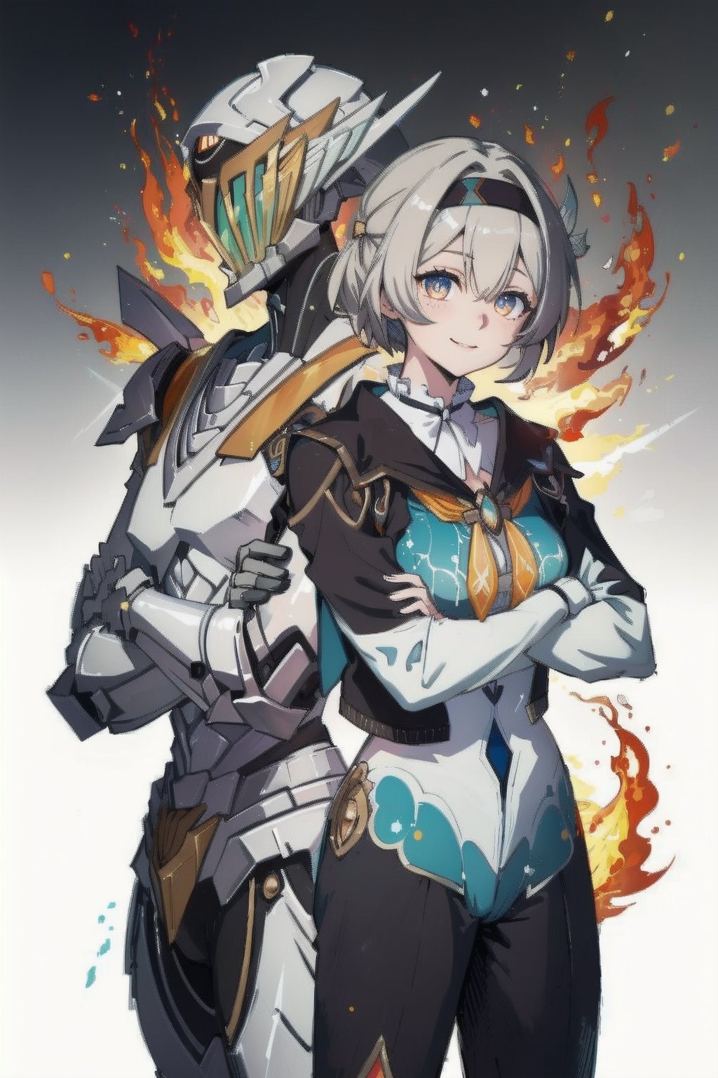 ((masterpiece,best quality)), 2persons, gradient background, fire, crossover ADDCOMM1other sam, mecha, armor, crossed arms ADDROW1girl, fireflyhsr, hairband, smile