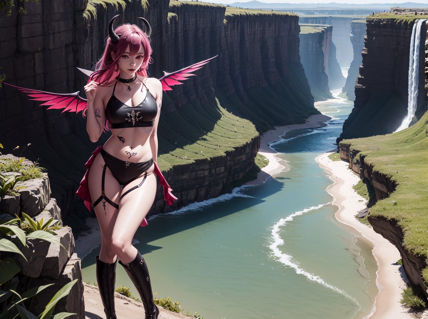 best_quality,highres,extremely_detailed, 1girl,beautiful_face,navel,light_aqua_hair,very_long_hair,full_body, ,obscenity_tattoo,windmage,aqua_tattoo,green_tattoo,waist_tattoo,neck_tattoo, village_succubus,wings,horns,tail, BREAK official_art,watercolor_\(medium\),fantasy, flying,waterfal,canyon,valley,magical_girl,