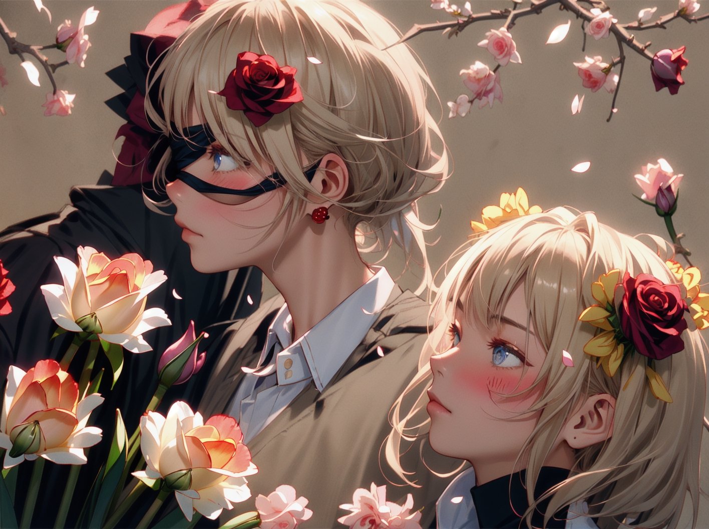 profile, 1girl, 1boy, long hair, looking at another, blue eyes, eye contact, short hair, shirt, collared shirt,Background of Flower Sea,Super clear, Rose jewelry,A man and a woman, Love head, blindfold,fashion_girl,midjourney,Peach blossoms, cherry blossoms, monthly flowers, roses, roses, red roses, carnations, beige carnations, tulips, yellow tulips