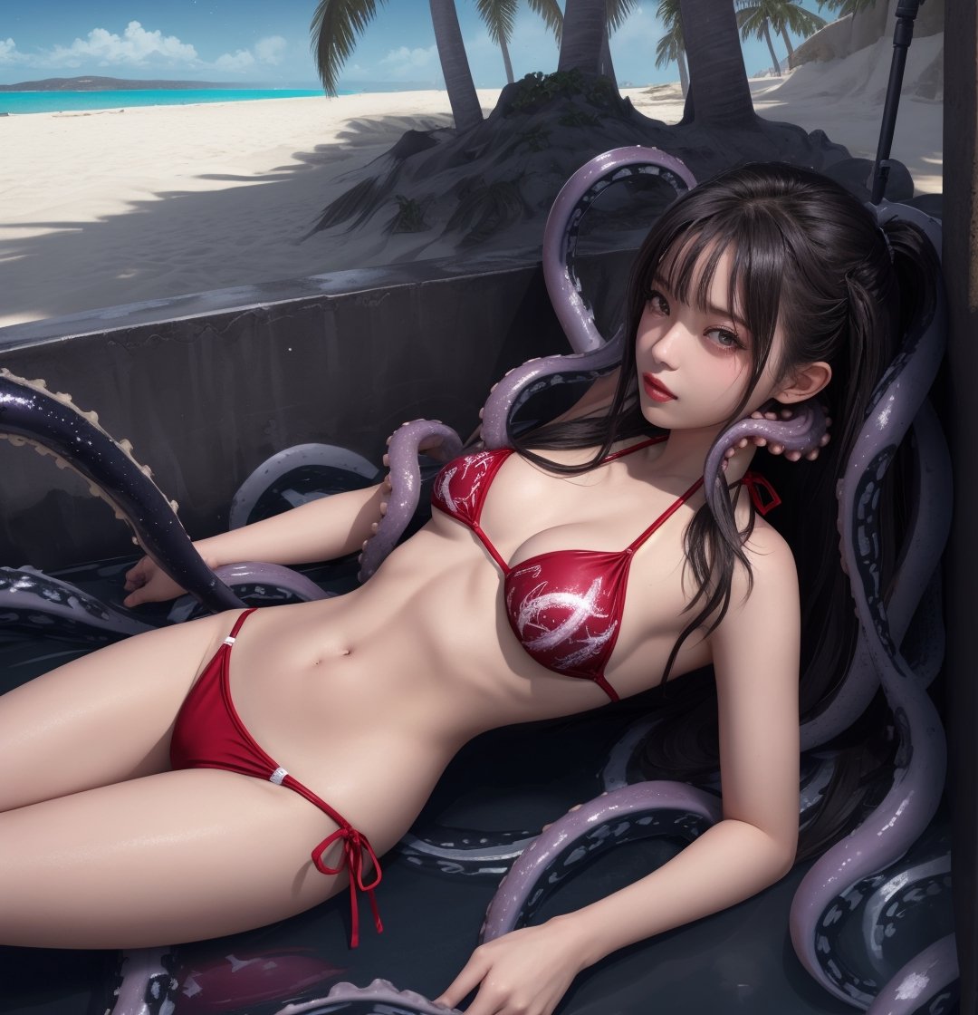  contrail, palm trees, vivid color, glitters, light particles, Seaside, Bikini,cross-laced bikini,1 girl,ink tentacles rape woman:2, best quality, ultra high res, photorealistic, nipples, mind control, bikini armor, tentacles, dungeon, rape, many tentacles rape woman,