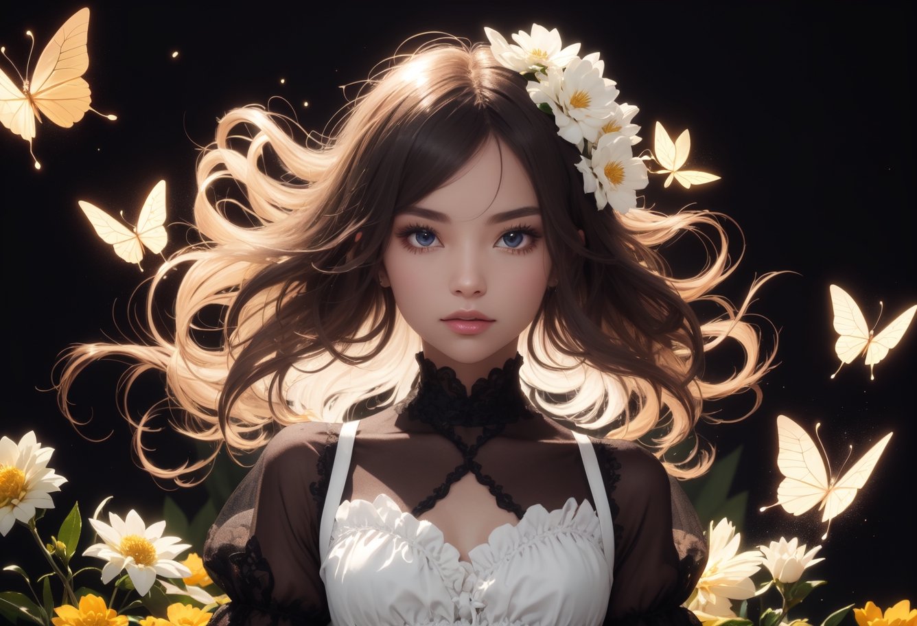 beautiful detailed flower, beautiful detailed eyes,hyper detailed,flower,hyper quality,,eyes,flower and hair is same color,beautifuly color,face,{{{{{her hair is becoming flower, flower,hair,flower,butterfly,}}}}},{{{{1girl}}}}kawaii,,{{{high details, high quality}}},{{{back light}}},{{hair and clothes is flower}},{{{upper body}}} ,high quality,hair with body ,webbed dress, upper body, flower leg, flower hands,body with flower,   {{ flower with clothes}} , dress with flower, , light particles,black background,  {{{{Hair with flower}}}},small breast with flower,big hair with  flower,{{floating hair with flower,floating}}1girl,small breast,  marbling with hair and clothes, looking at viewer,{{original}},{{arm down}}, {{paper cutting}}, black background, flower forground,  {{hair with flower}},{{{{{highres}}}},} hair with  flower,hair with flower ,hair,  wavy hair ,diffusion lighting, abstract,Butterfly with  body,   flower with hair, her hair is flower,big top sleeves, floating,ARYSTYLE3