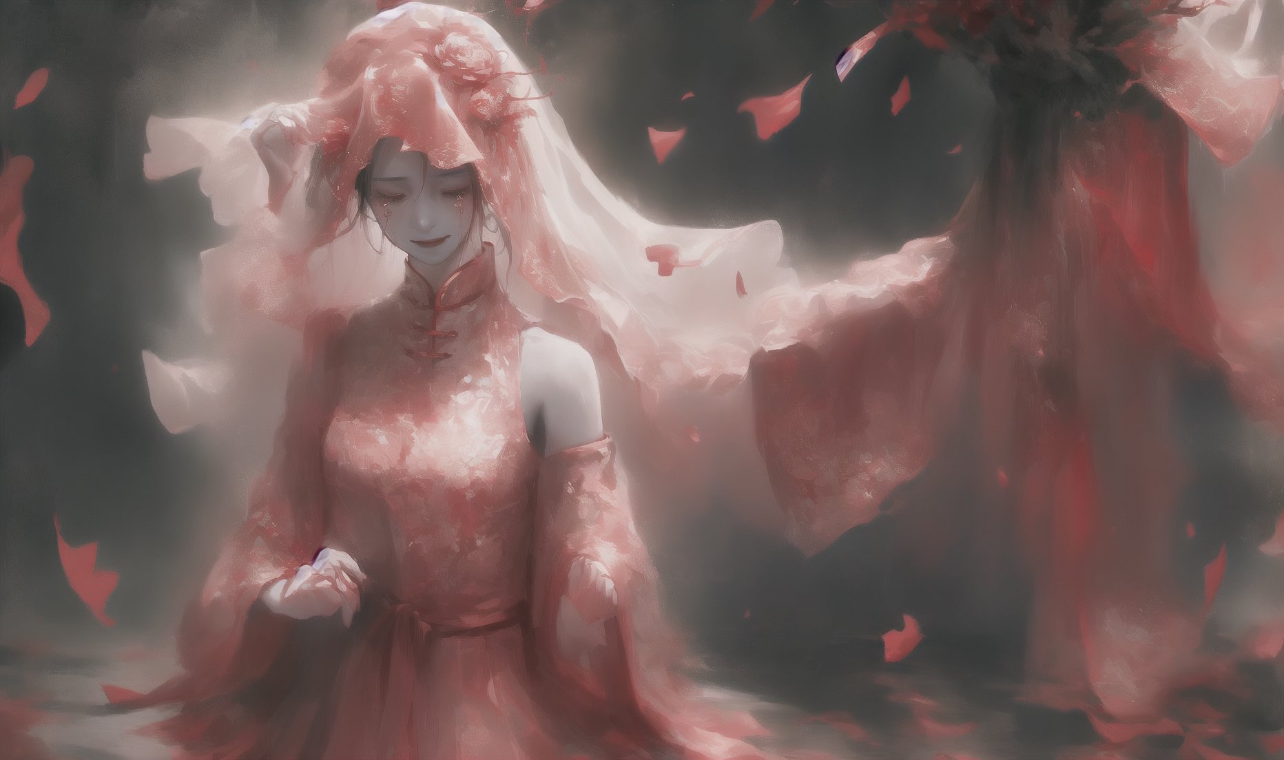  1girl, long hair, solo, veil, flower, closed eyes, dress, smile, wedding dress, hair ornament, petals, dated, ribbon, tears, bouquet, bridal veil, signature, hair flower, red hair, crying, white background, pink hair, upper body,Tombstone, Grave
,(masterpiece, top quality, best quality),horror (theme),
masterpiece,(masterpiece, top quality, best quality, ((no humans)), scenery, red theme, night, Ylvi-Tattoos, horror (theme),Tombstone, Grave, cute girl,Chinese weddingdress,1girl