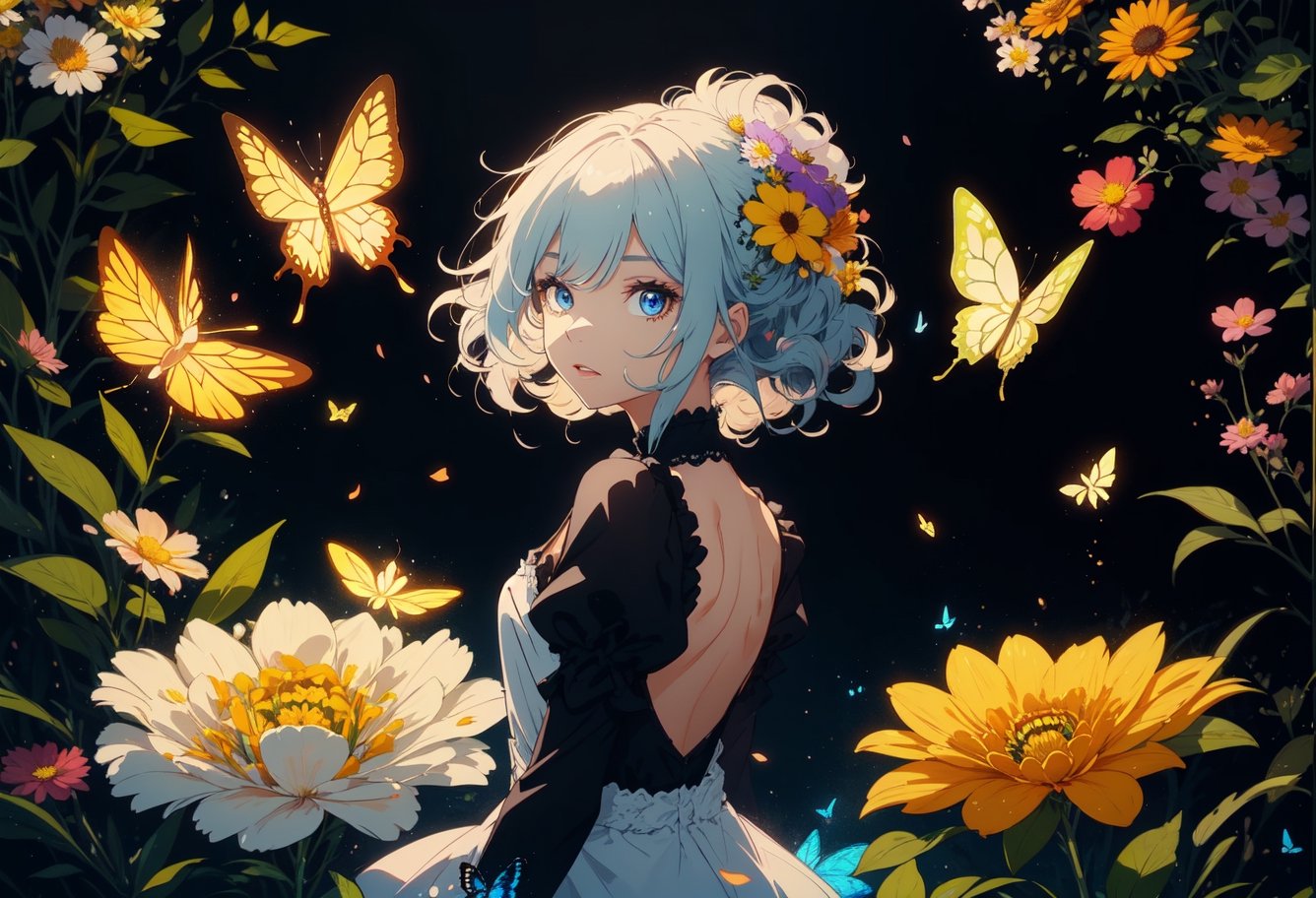 beautiful detailed flower, beautiful detailed eyes,hyper detailed,flower,hyper quality,,eyes,flower and hair is same color,beautifuly color,face,{{{{{her hair is becoming flower, flower,hair,flower,butterfly,}}}}},{{{{1girl}}}}kawaii,,{{{high details, high quality}}},{{{back light}}},{{hair and clothes is flower}},{{{upper body}}} ,high quality,hair with body ,webbed dress, upper body, flower leg, flower hands,body with flower,   {{ flower with clothes}} , dress with flower, , light particles,black background,  {{{{Hair with flower}}}},small breast with flower,big hair with  flower,{{floating hair with flower,floating}}1girl,small breast,  marbling with hair and clothes, looking at viewer,{{original}},{{arm down}}, {{paper cutting}}, black background, flower forground,  {{hair with flower}},{{{{{highres}}}},} hair with  flower,hair with flower ,hair,  wavy hair ,diffusion lighting, abstract,Butterfly with  body,   flower with hair, her hair is flower,big top sleeves, floating,ARYSTYLE3