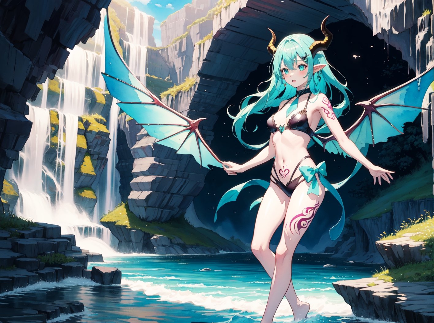 best_quality,highres,extremely_detailed, 1girl,beautiful_face,navel,light_aqua_hair,very_long_hair,full_body, ,obscenity_tattoo,windmage,aqua_tattoo,green_tattoo,waist_tattoo,neck_tattoo, village_succubus,wings,horns,tail, BREAK official_art,watercolor_\(medium\),fantasy, flying,waterfal,canyon,valley,magical_girl,GGAS_Box,