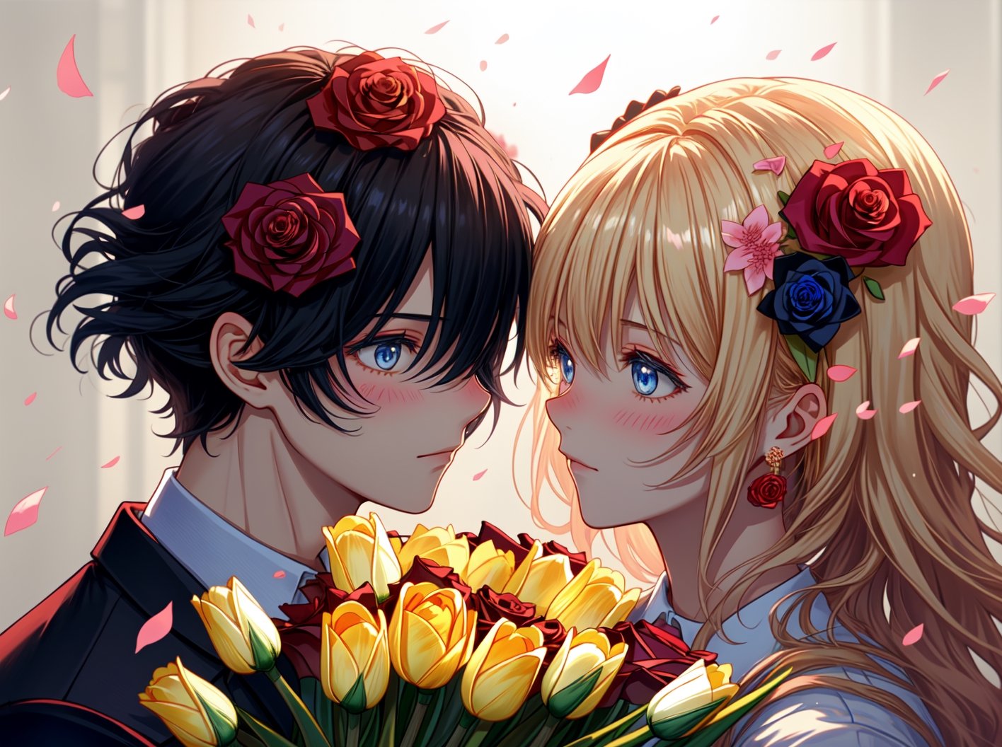 profile, 1girl, 1boy, long hair, looking at another, blue eyes, eye contact, short hair, shirt, collared shirt,Background of Flower Sea,Super clear, Rose jewelry,A man and a woman, Love head, blindfold,fashion_girl,midjourney,Peach blossoms, cherry blossoms, monthly flowers, roses, roses, red roses, carnations, beige carnations, tulips, yellow tulips