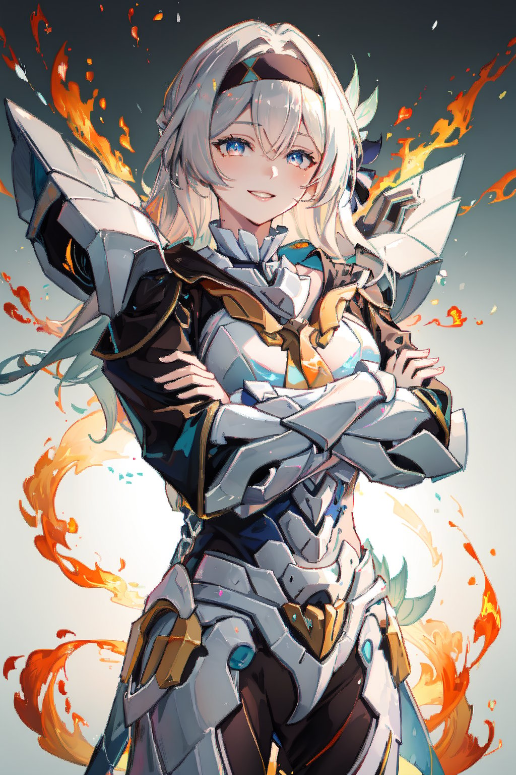 ((masterpiece,best quality)), 2persons, gradient background, fire, crossover ADDCOMM1other sam, mecha, armor, crossed arms ADDROW1girl, fireflyhsr, hairband, smile