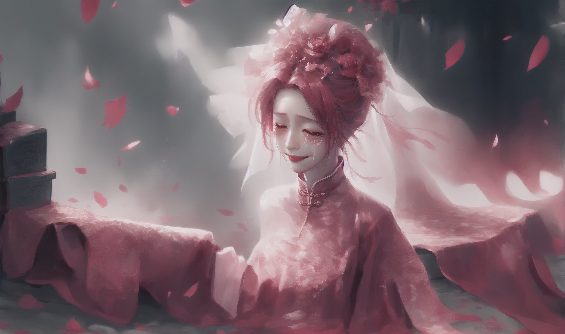  1girl, long hair, solo, veil, flower, closed eyes, dress, smile, wedding dress, hair ornament, petals, dated, ribbon, tears, bouquet, bridal veil, signature, hair flower, red hair, crying, white background, pink hair, upper body,Tombstone, Grave
,(masterpiece, top quality, best quality),horror (theme),
masterpiece,(masterpiece, top quality, best quality, ((no humans)), scenery, red theme, night, Ylvi-Tattoos, horror (theme),Tombstone, Grave, cute girl,Chinese weddingdress,1girl