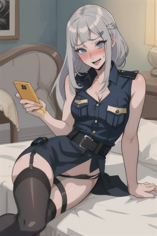 blue_eyes, grey_hair, medium_hair, braid_hair, mariamizuseexp, hairpin, medium_pony_tail, milf, mommy, adult, police_uniform, girl_police, panty_and_stocking_with_garterbelt, stockings, stocking, cleavage, bare_shoulder, bare_shoulders, bedroom, bed, blushing, sweating, heavy_breathing, huffing, panting, watch_phone, watching_video, holding_cellphone, phone, leg_spread, leg_open, leg, thighs, open_pussy, exposed_pussy