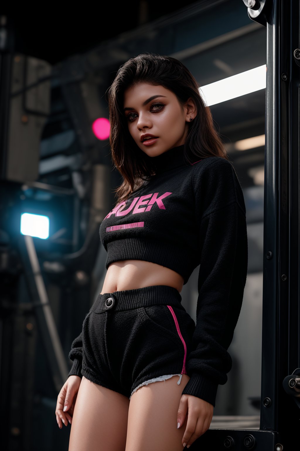 a beautiful female model, a beautiful young woman her striking red eyes and short black hair contrasting against her partially exposed,mechanically enhanced neck. She dons a black sweater adorned with white logos and text, while her black shorts are tucked into her intricate, detailed mechanical legs. The bold and striking appearance of the character is accentuated against a bright pink background, creating an immersive, cinematic experience that blends human and machine elements seamlessly within the cyberpunk aesthetic.