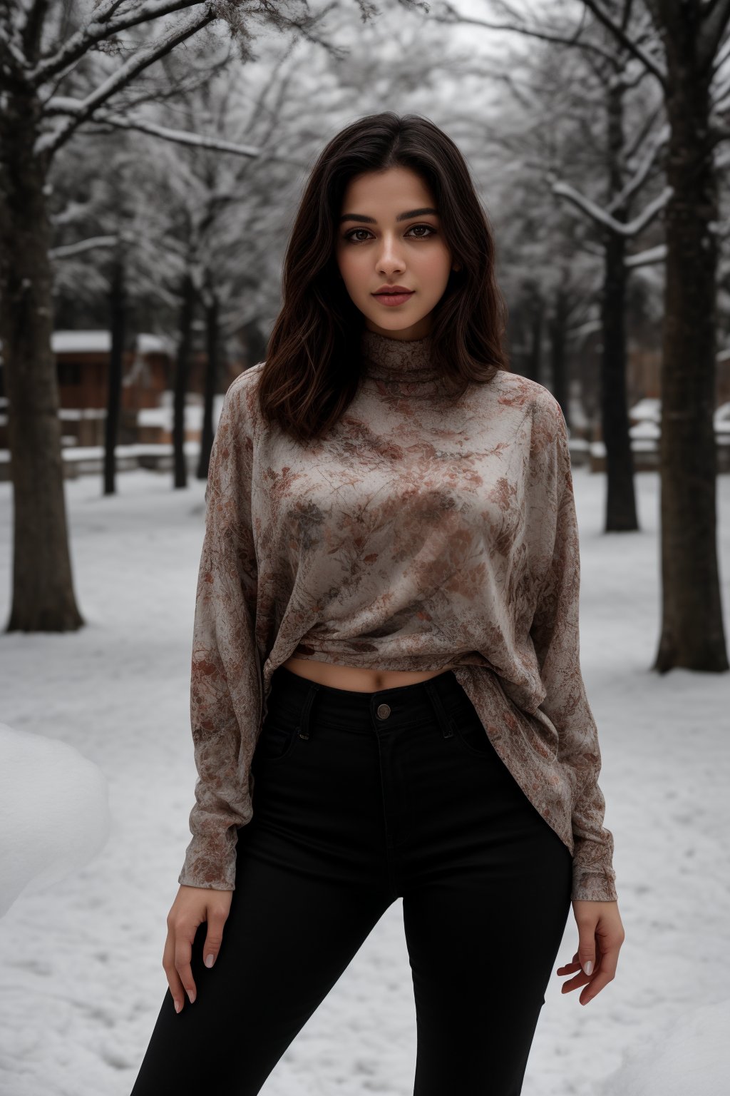 Here is a prompt that combines the inputs:

Editorial medium full body shot portrait of a breathtaking winter fashion model posing in a snow-covered park at dusk. The camera captures a hyper-realistic image with lifelike skin texture and exquisite details. The model, with her shapely figure and flirty smile, wears a vibrant yellow blouse that pops against the crisp white blanket of snow and sleek black jeans. She strikes an elegant pose amidst snow- Laden trees and frozen flower beds, her breath visible in the chilly air. The fading winter light casts a subtle Rembrandt lighting effect, with warm tones and soft shadows. The background features intricate details and textures, creating a stunning contrast with the model's warmth and radiance. Extremely detailed ultra-high-quality RAW image with cinematic composition, capturing every aspect of this masterpiece.