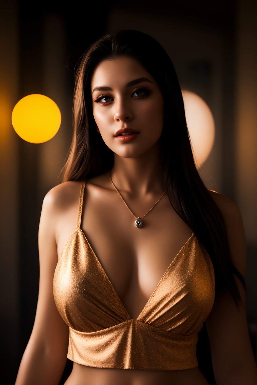 A 28-year-old woman with plump features stands majestically in a dimly lit room,  bathed in neon lights and glowing accents. The Fujifilm camera captures every detail, showcasing vibrant colors and mesmerizing eyes radiating an inner light. She wears a blouse:1.4,  gown:1.4, exposed_midriff, accessorized by a gleaming diamond pendant, the futuristic setting. The photorealistic lighting and composition,28yo girl 