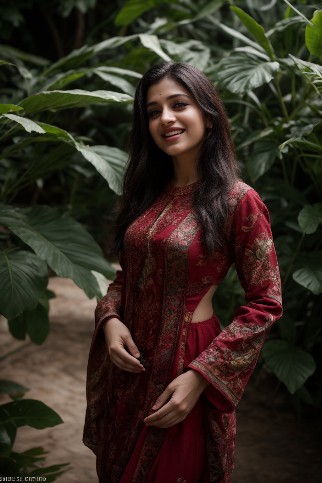 A stunning Kerala beauty poses in a lush botanical garden on a bright, sunny day. She wears a vibrant traditional embroidered dress adorned with intricate black, red, and green patterns, her Brown hair shining under the warm light. Her radiant smile captures the essence of joy as she stands amidst a tapestry of colorful flowers, the gentle breeze rustling the petals in harmony with her carefree laughter.